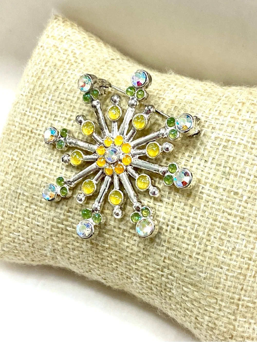 Anne Klein Silver Snowflake Brooch with Yellow, Green & Blue Stones